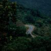 From above of curvy asphalt road going through lush green forest growing in picturesque mountainous valley